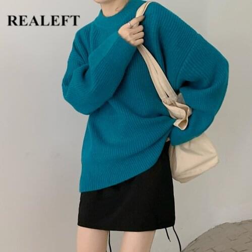 REALEFT Autumn Winter 2021 New Womens Pullovers Long Sleeve Solid Round Neck Casual Loose Ladies Knitting Tops Female Sweaters