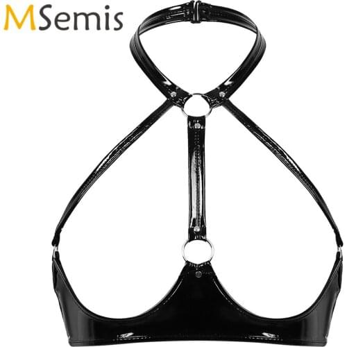 Womens Lingerie Open Cups Bra Wet Look Patent Leather Lingerie Halter Neck Backless Cupless Wire-free Unlined Bra Top