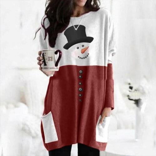 Women Dresses Casual Autumn Long Sleeve Xmas Snowman Mid-length Blouse Tunic Pockets Mini Dress Womens Clothing 2021
