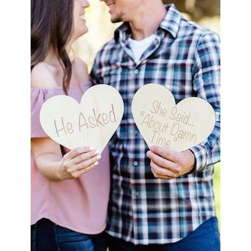 Engagement Sign Photo Prop, Wooden Hearts"He Asked.", Rustic Wood Sign Set for Save the Date Photo or Decor Ideas