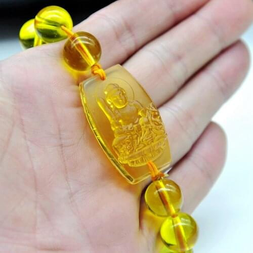 Natural Yellow Crystal Buddha Pattern Beads Bracelets Women Healing Crystal Bracelets Men Lucky Carved Bangle Jewelry