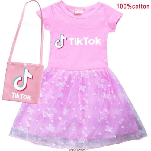 Tik Tok Summer Tik Tok Girls Cotton Dress+bag Gauze Patchwork Dress Children Girl Home Party Casual Clothes Dresses
