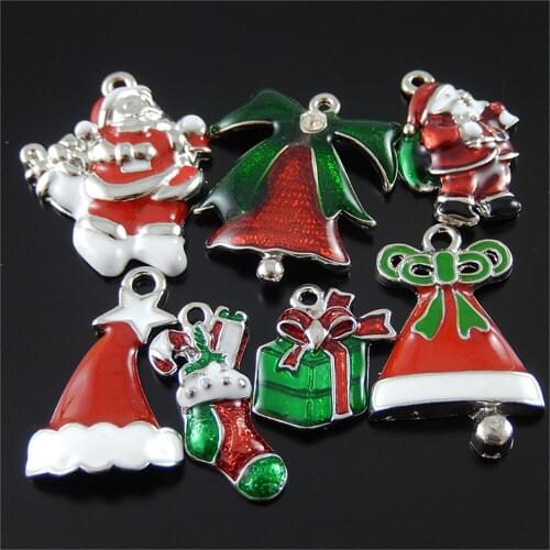 Julie Wang 7PCS Enamel Christmas Tree Hat Santa Claus Bell Charms Trendy Suspension Necklace Bracelet Jewelry Making Accessory