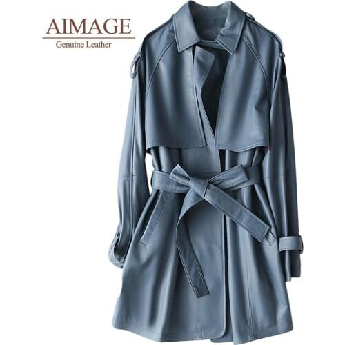 Korean women sheepskin overcoats blue turn collar genuine leather with belt charming slim veste mouton femme wind coats PY035