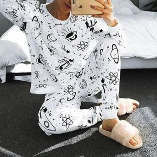 OMSJ Autumn Winter Trendy Women Casual Comfort Suits Print Tracksuit White O-neck Pullover Sweatshirt + Pants Female Clothes Set