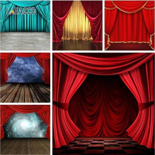 Laeacco Baby Birthday Photophone Red Screen Curtain Wooden Floor Stage Vintage Portrait Photography Backdrops Photo Backgrounds