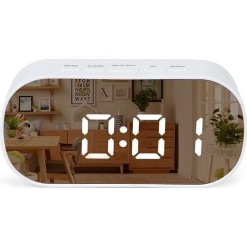Multi-Function LED Alarm Clock Mirror Round/Oval Digital Snooze Table Clock Backlight Time Temperature Display Home Decor
