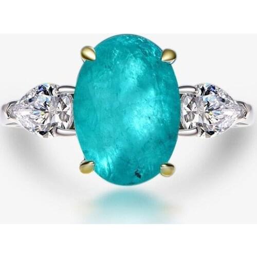 The new s925 sterling silver-blue-green synthetic Paraiba ring egg-shaped ring size 6-11