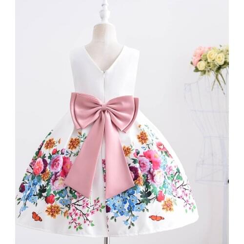 2021 White Floral Wedding Party Kid Girls Dress Evening Formal Childrens Dresses Flower Print Dress for Girls 4 6 8 10 Years