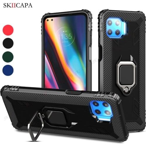 Carbon Fiber Ring Holder Stand Phone Case For MOTO G 5G Plus G Stylus G8 Power 2021 Four Corner Shockproof Armor Protective Case