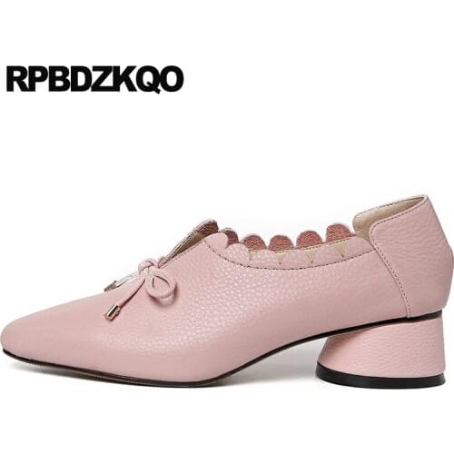 Size 33 Pointed Toe Medium Heels Low High Bow 4 34 Fashion Shoes Brand Thick Pink Genuine Leather Pumps Sweet Ladies Top Quality