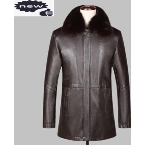 Luxury Men High Quality Leather Jacket New Mink Collar Rabbit Fur Liner Winter Thick Outerwear Business Casual Coat
