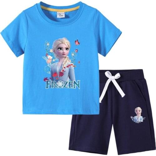 Frozen Kids Clothes Kids Cartoon Outfits Baby Girls Summer Tees Suits 2-16 Years Children Clothing T-shirt + short