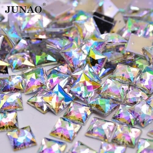 JUNAO 10mm Sewing Crystal AB Square Rhinestones Flatback Acrylic Strass Appliques Sew On Crystals Stones For DIY Clothes Crafts