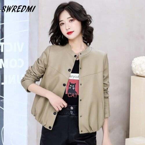 SWREDMI Spring Leather Jacket For Girls Khaki Leather Clothing Plus Size 4XL O-Neck Suede Autumn Leather Coat Women