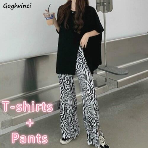 Women Sets Solid Side-slit Short Sleeve T-shirts Chic Zebra Stripe Thin Pants Summer Womens All-match Casual 2 Pieces Outfit New