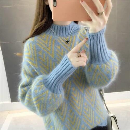 Half High Collar Pullover Womens 2020 New Autumn Winter Korean Fashion Loose Lazy Wind Lantern Sleeve All-Match knitting Sweater