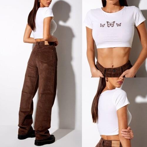 Women Ladies Butterfly Pattern Crop Top Summer Wild Casual Short Sleeve Round Neck Slim Fit Stylish Tee Shirt for Daily