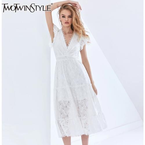 TWOTWINSTYLE Hollow Out Elegant Womens Dress V Neck Short Sleeve High Waist Patchwork Lace White Dresses For Female 2021 Tide