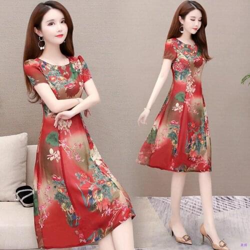 Plus Size Vintage Floral Print Short Sleeve O-neck A-line Red Wine Red Green Summer Women Holiday Cocktail Dresses 9936