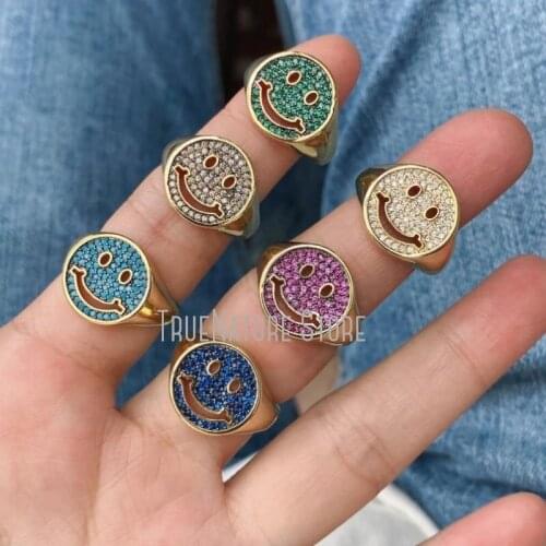 5Pcs RM39105 Jewelry Copper Cubic Zirconia Adjustable Rings Plated Gold Smiley Colors Clear Gold Plated Cubic Zirconia Ring