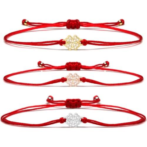 White Cubic Zirconia Stones Copper Four Leaf Clover Lucky Charm Red String Macrame Bracelet Women Super Quality CZ Cute Jewelry