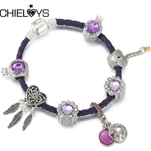 Crystal Purple Crown Flower Beads Bracelets With Leather Chain Charm Bracelet Bangles For Women Men Fashion Brand Jewelry Gift