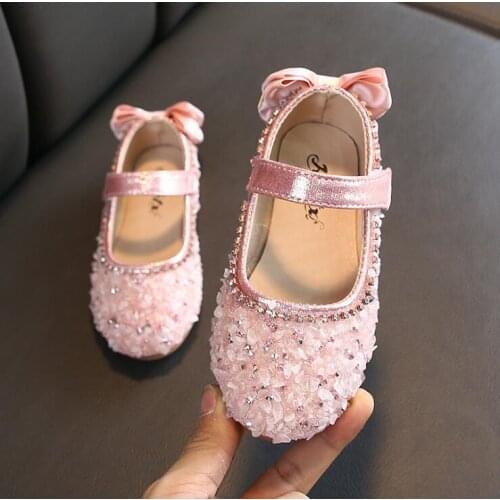 Spring Autumn Girls Fashion Princess Bright Sequin Crystal Bow Shoes Anti-slip Flat Shoe Dance Leather Shoes Kids Bow Shoes