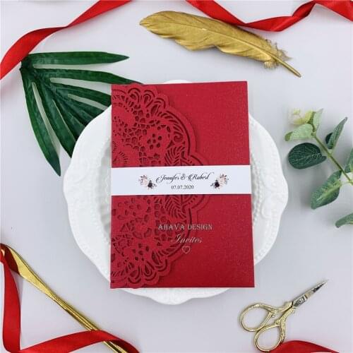 Elegant Red Laser Cut Wedding Invite With Belly Band, Fancy Quinceanera Invitations, Sweet16 invitations