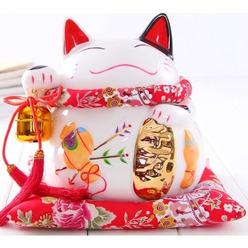 7.5 inch Ceramic Maneki Neko Ornament Lucky Cat Statue Fortune Cat Piggy Bank Home Decor Mascot Gift Coin Box