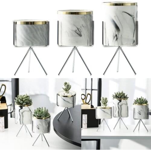 Nordic Minimalism Style Marble Pattern Ceramic Iron Art Vase Tabletop Flower Pot Home Wedding Living Room Flower Plant Holder