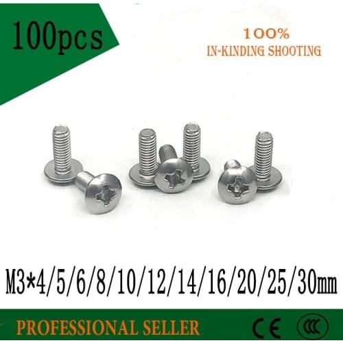 100pcs M3*4/5/6/8/10/12/14/16/20/25/30mm 304 Stainless Steel Cross Screws Round Head Plain End Self-tapping Screw Bolt Fastener