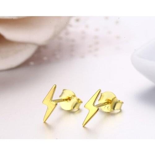 Cute 925 Sterling Silver Gold Color Lightning Stud Earrings For Women Girls Kids Jewelry Kolczyki Simple Orecchini Aretes 2019