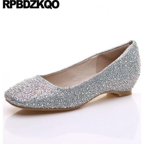 Autumn spring bling sequins single shoes 11 diamond glitter large size rhinestone women wedding plus silver 10 flats crystal
