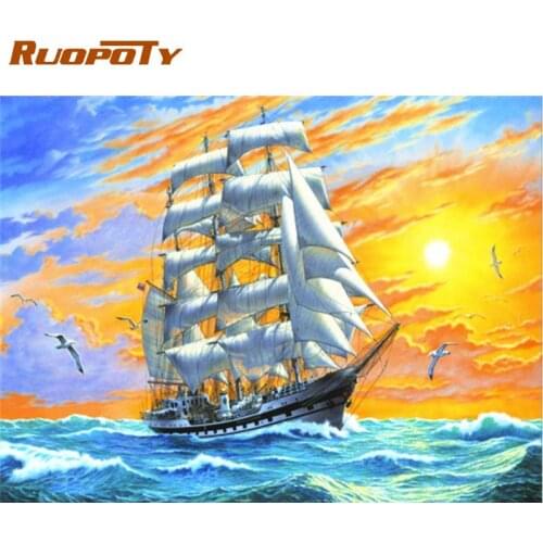 RUOPOTY Shipboat On Ocean Landscape Painting By Numbers For Adults Oil Paints Framed Diy Gift For Kids Bedroom Wall Decor Art