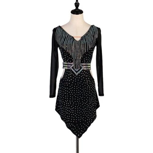 Professional Latin Dance Dress Woman Ballroom Competition Clothing Rhinestone Tassel Long-Sleeve Salsa Dresses Ladies DL4559