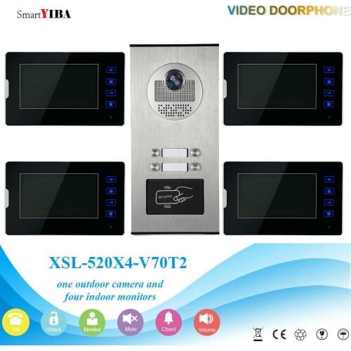 SmartYIBA Wired 7"Inch Monitor Video Intercom Door Phone Doorbell System Outdoor RFID Access Camera Intercom For 4 Apartment