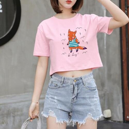Pink Cute Cotton Casual Women Tshirt Tops Short Sleeve Crop Top Basic Korean Tees T-shirt Femme Streetwear Kawaii Camisas Mujer