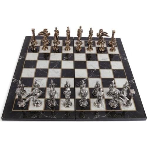Medium Mythologic Pegasus Metal Chess Set for Adults, Handmade Pieces and Marble Design Wood Chess Board King 8 cm