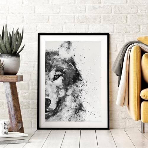 Wolf Watercolor Wall Art Canvas Painting Black White Wolf Poster and Print Woodland Forest Animal Picture for Living Room Decor