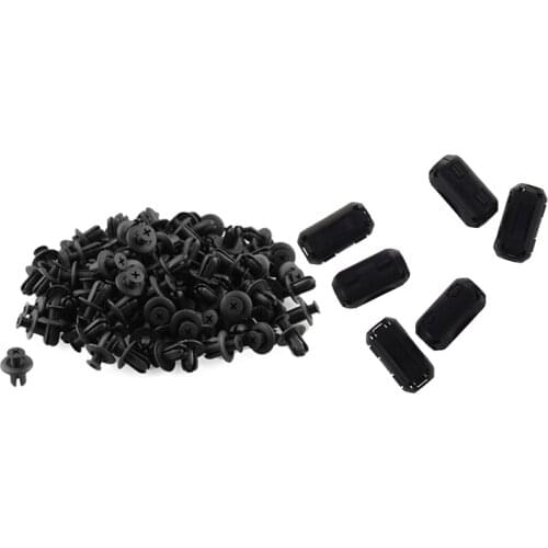 6 Pcs Clip On EMI RFI Noise Ferrite Core Filter for 5mm Cable & 120 x 8mm Car Hole Plastic Rivets Fastener Bumper Push Pin Clips
