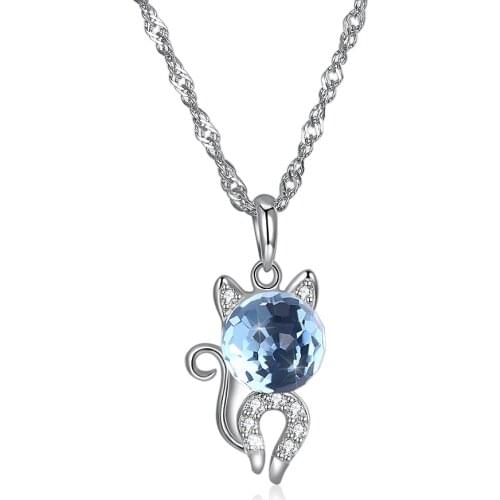 ZEMIOR 925 Sterling Silver Girl Pendant Necklaces Cute Cat With Blue Cubic Zirconia Necklace For Women Wedding Jewelry On Sale