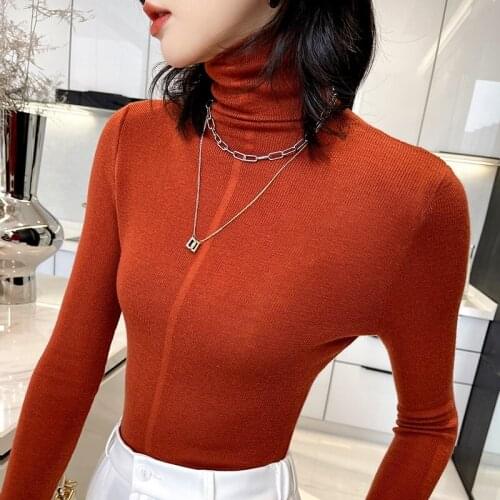 Women High Elasticity Turtleneck Thin Pullover 100% Worsted Wool Soft Comfortable Sweater Basic Sexy Soft Long Sleeve 6 Colors