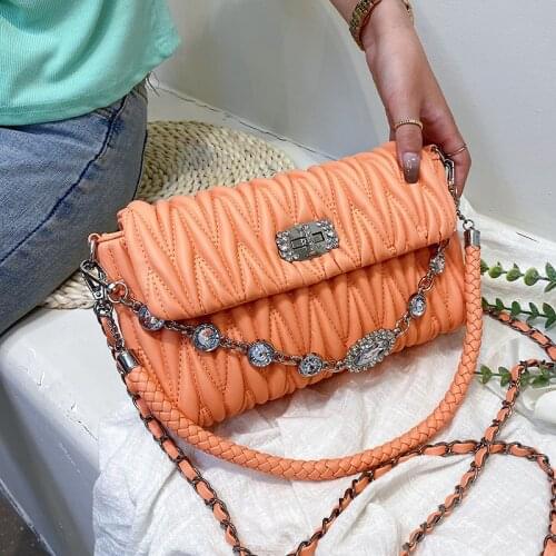 Women Bag Vintage Matelasse Leather Baguette Bag For Women Crossbody Bag Crystal Straps High Quality Flap Female Shoulder Bags