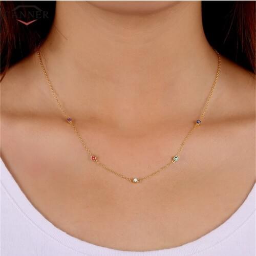 CANNER 925 Sterling Silver Colorful Zircon Necklace Women Gold Color Chain Choker Necklace CZ Crystal Necklaces Jewelry Gift H40