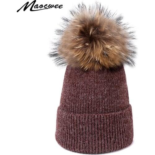 Winter Pom Pom Hats For Women Men With Hole Elastic Warm Wool Knitted Outdoor Female Beanies Trend Solid Color Real Fur Bonnets