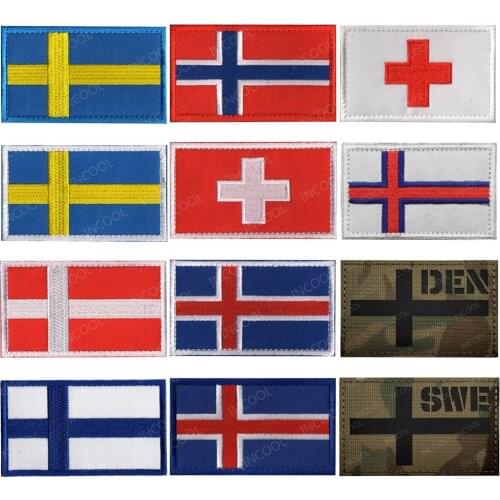 Sweden Norway Denmark Iceland Finland Switzerland National Flag Embroidered Reflective Patches Embroidery Badges Europe Flags