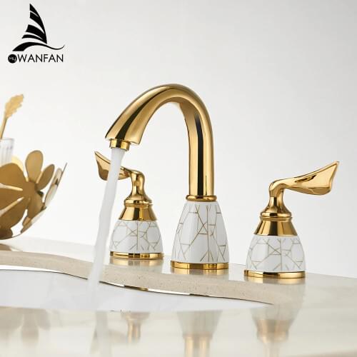 Gold Deck Mounted Bathtub Faucet Set 3 Holes Widespread Tub Mixer Bathroom Goose Neck Bath Shower Set with Hand shower YS-619K