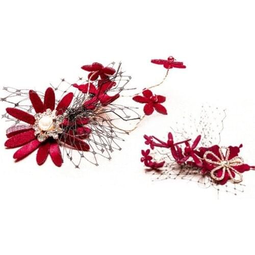 2Pcs Red Women Hair Accessories butterfly Flower Performance Hairpins Hairband Wedding Bridal Hair clip Headdress Jewelry