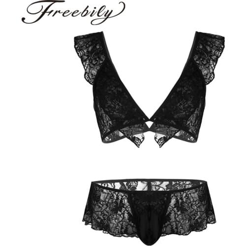 2PCS Gay Mens Sissy Sheer Lace Floral Nightwear Lingerie Sets Sleeveless Print Bra Tops with Skirted Thong Briefs Sexy Underwear